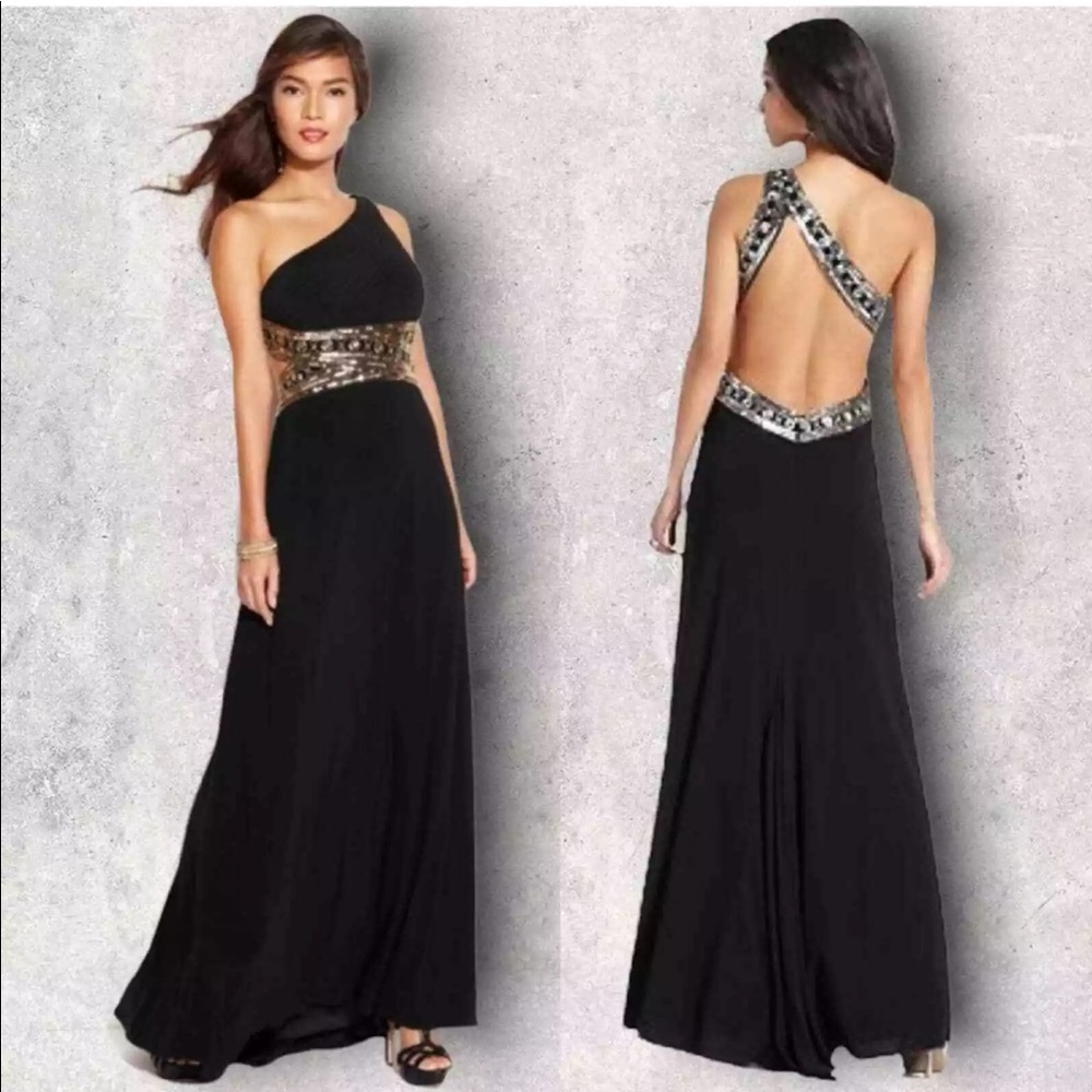 Betsy & Adam One Shoulder Black Prom Formal Dress